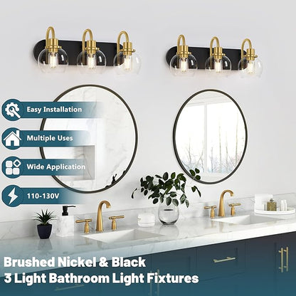 Modern 3-Light Vanity Light, Bathroom Lighting Fixture Over Mirror With Clear Glass Shade and Metal Base, Wall Sconces in Matte Black and Gold