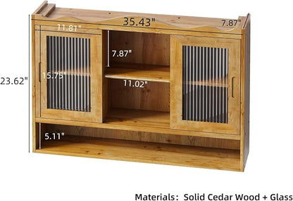 KEIKI 35.4" L Wall Mounted Kitchen Sideboard Cabinet with 2 Sliding Glass Door, 3 Layers Shelves, Retro Storage Buffet Medicine Cabinet for Bathroom, Dining Rooms, Entryway, Solid Wood, Natural
