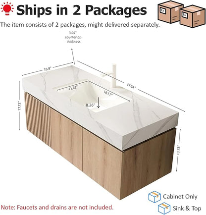 Ambrovina 48 inch Floating Bathroom Vanity with Sink, Wall Mounted Storage Vanities with Drawer and 2 Doors, Carrara White Sintered Stone Top and Ceramic Basin, Pre-Assembled Cabinet, Light Wooden