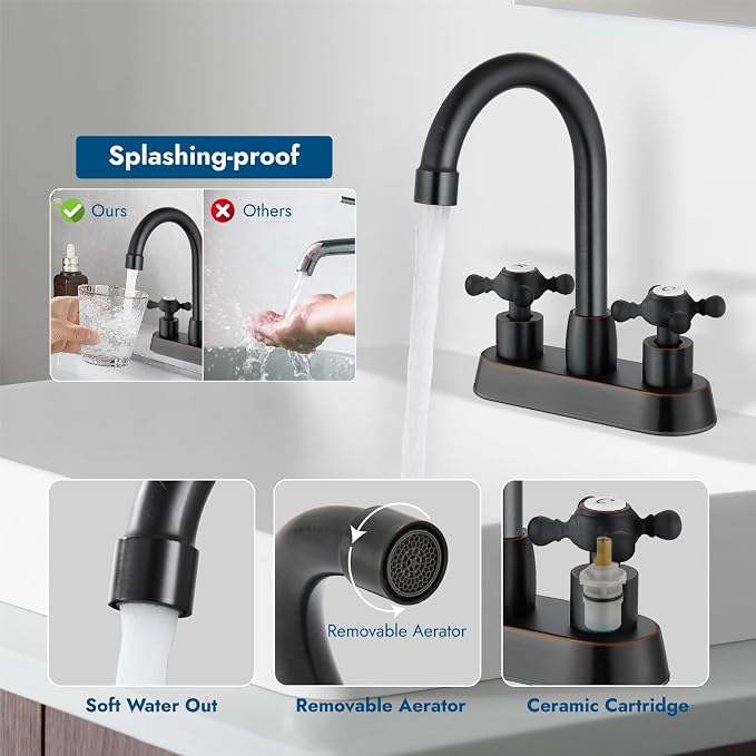Oil Rubbed Bronze 4 Inch Centerset Bathroom Faucet, Vintage Bathroom Faucet | Lead-Free SUS304 Stainless Steel 4-Inch Vanity Faucet for 2 or 3-Hole Sinks, Cross Handle Design with 360° Swivel Spout