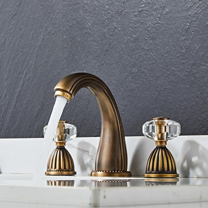 Antique Brass Bathroom Faucet Gold Three Holes Widespread Crystal Handle Bathroom Sink Faucets Retro Vintage Lavatory Vanity Faucet