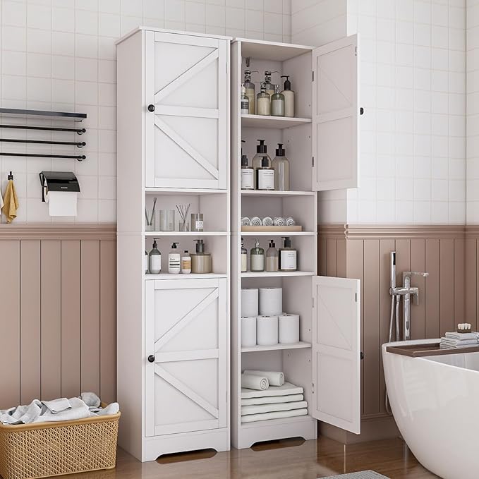 Tall Bathroom Storage Cabinet, Vertical Freestanding Organizer with Adjustable Shelf, Slim Design for Small Bathrooms, Towels & Toiletries Storage（White）