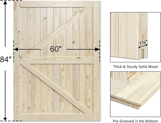 SmartStandard 60in x 84in Sliding Barn Wood Door, Natural, Fit 10FT Rail | Pre-Drilled Ready to Assemble, DIY Unfinished Solid Spruce Wood Panelled Slab, Interior Single Door Only, K-Frame