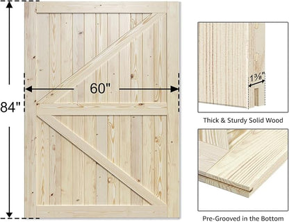 SmartStandard 60in x 84in Sliding Barn Wood Door, Natural, Fit 10FT Rail | Pre-Drilled Ready to Assemble, DIY Unfinished Solid Spruce Wood Panelled Slab, Interior Single Door Only, K-Frame
