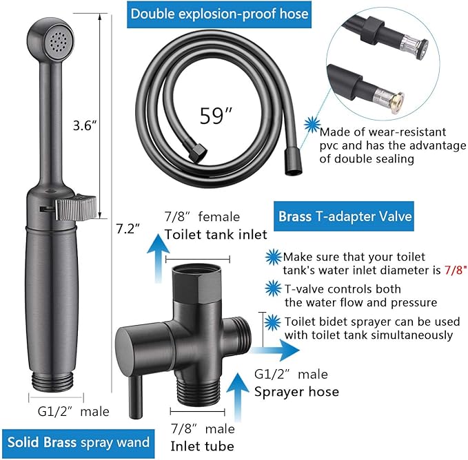 SonTiy Handheld Bidet Toilet Sprayer Gunmetal, Cloth Diaper Sprayer Bathroom Hand Held Jet Spray Bidet Attachment for Toilet with Adjustable Pressure Control, Solid Brass, 7.2" Bidet Wand