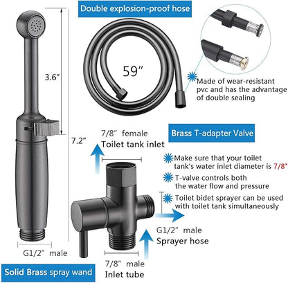 SonTiy Handheld Bidet Toilet Sprayer Gunmetal, Cloth Diaper Sprayer Bathroom Hand Held Jet Spray Bidet Attachment for Toilet with Adjustable Pressure Control, Solid Brass, 7.2" Bidet Wand