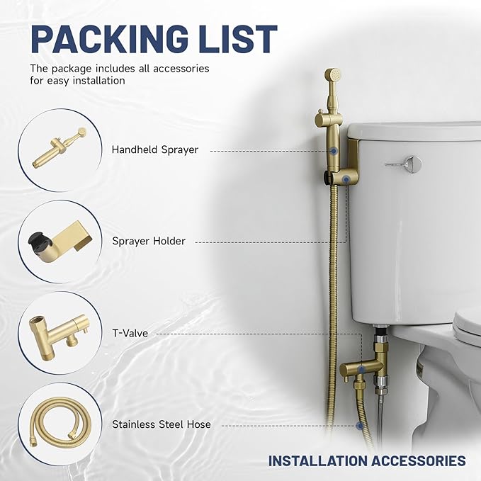 Bidet Sprayer for Toilet Brushed Gold Bidet Attachment for Toilet with Adjustable Pressure Control 3”-11” Spray Reach Brass Cloth Diaper Sprayer