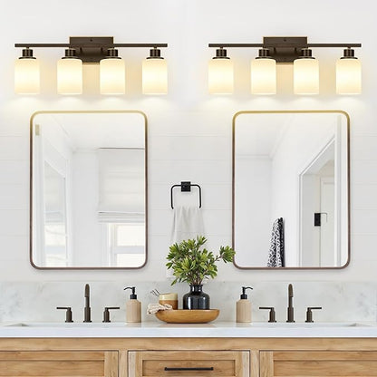 4-Light Bathroom Light Fixtures, Brown and Gold Vanity Lights with Milk Glass Shades, Modern Bathroom Wall Lamp for Mirror Living Room Bedroom Porch