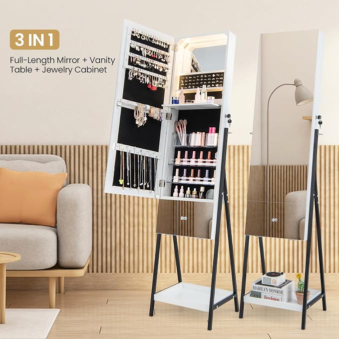 GOFLAME Standing Jewelry Cabinet Armoire, 65" Lockable Jewelry Storage Organizer with Full-Length Mirror, Inner Makeup Mirror with 3-Color LED Lights, Foldable Makeup Shelf, Bottom Shelf, White