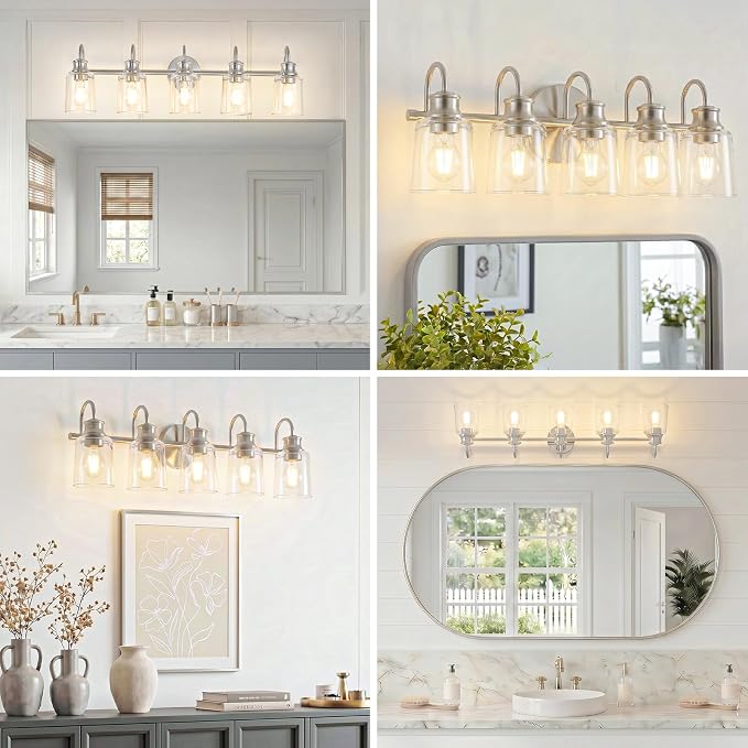 5 Lights Bathroom Light Fixtures Brushed Nickel Vanity Lights | ETL Certificate, Easy to Install,Wall Mount Up or Down,Thickened Glass Lampshade,E26 Socket,Hardwired