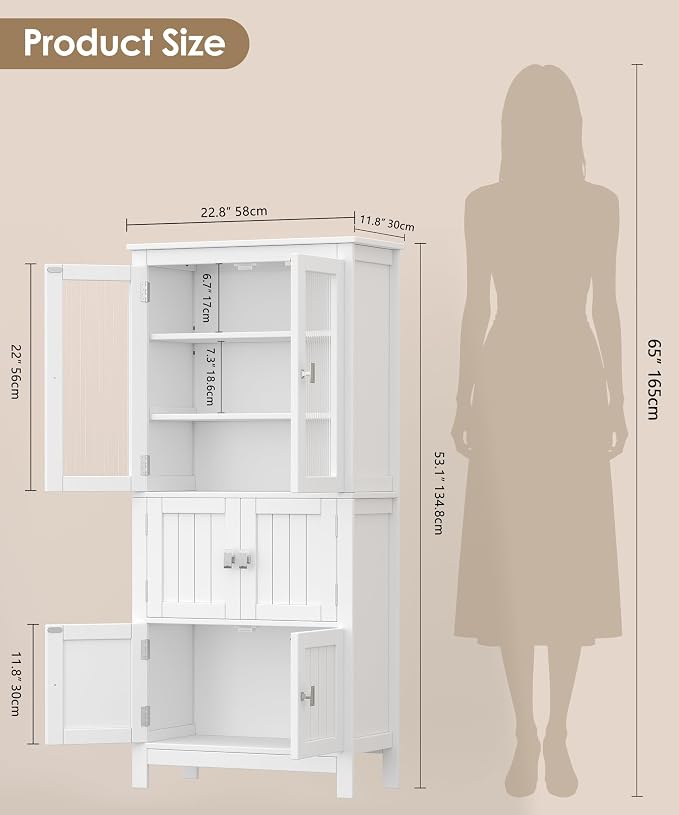 Akxomel 53.1" Tall Bathroom Cabinet 6 Doors Linen Floor Storage Cabinet | Bathroom Floor Cabinet with Adjustable Shelf, Pantry Cabinet for Living Room, Kitchen, Entryway, White