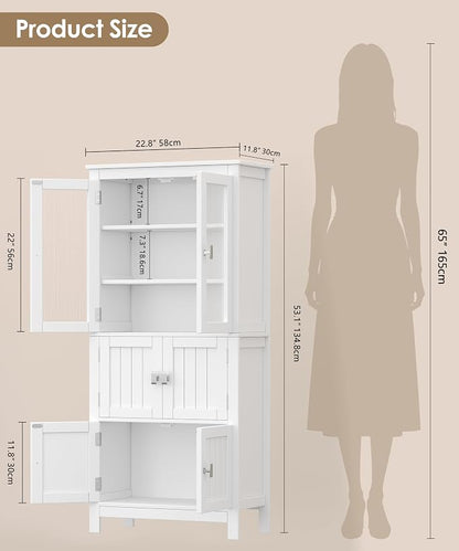 Akxomel 53.1" Tall Bathroom Cabinet 6 Doors Linen Floor Storage Cabinet | Bathroom Floor Cabinet with Adjustable Shelf, Pantry Cabinet for Living Room, Kitchen, Entryway, White