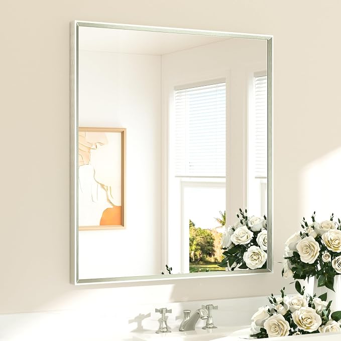 Brushed Nickel Bathroom Mirror for Over Sink 32" x 36" Brushed Nickel Beveled Framed Rectangle Vanity Mirror for Bathroom, Bedroom, Entryway, Living Room, Tempered Glass, Stronger Frame