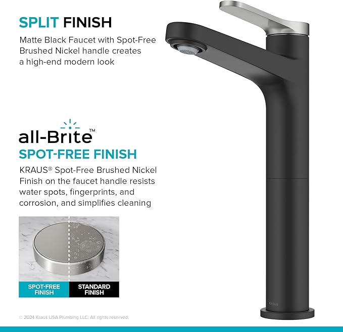 KRAUS Indy Bathroom Faucet for Vessel Sink in Spot-Free Brushed Nickel/Matte Black with Single Handle, Pop Up Drain and Supply Lines, KVF-1410SFBNMB