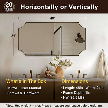 Scalloped 24"x48" Brushed Gold Bathroom Mirror | Anti-Rust Stainless Steel Frame 1" Deep, Rounded Notched Corners, Two Way Hanging, Ideal for Bathroom Decor & Remodel