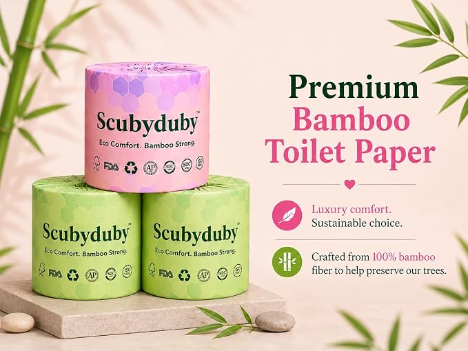 Premium & Soft Bamboo Toilet Paper | PFAS Free | 12 Mega Rolls, 3 ply & 350 Sheets | Non Toxic, Septic Safe, BPA Free | Tree Free Toilet Tissue | Plastic Free Packaging