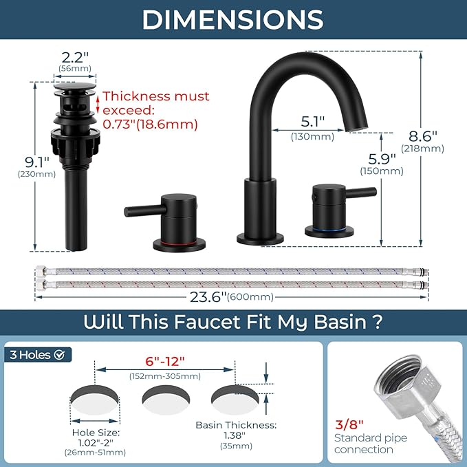 FGKQ Black Bathroom Faucet for Sink 3 Hole, Bathroom Sink Faucet with Pop Up Drain, 8 Inch Widespread Vanity Faucet 3 Hole, 360° Swivel Two Handle with Supply Lines