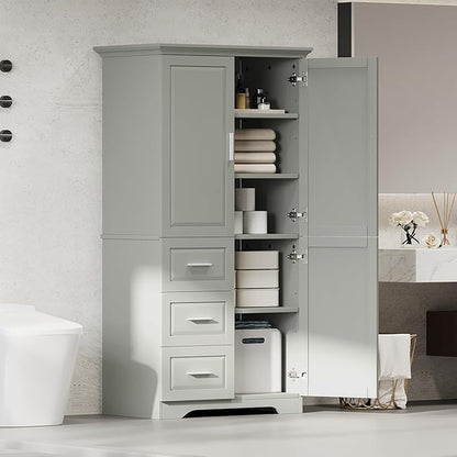 Merax 62.2" Pantry Cabinet with Three Doors & Three Drawers, Adjustable Shelves Storage Cupboard for Kitchen/Dining Room/Bathroom, Gray