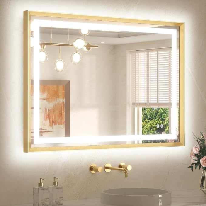 40 x 30 Bathroom Mirror Brushed Gold Metal Frame Frontlit & Backlit Vanity Mirror 3 Colors White/Warm/Natural Stepless Dimmable Anti-Fog Bathroom Mirrors for Vanity Wall-Mounted
