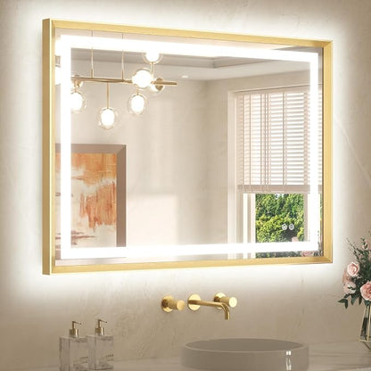 40 x 30 Bathroom Mirror Brushed Gold Metal Frame Frontlit & Backlit Vanity Mirror 3 Colors White/Warm/Natural Stepless Dimmable Anti-Fog Bathroom Mirrors for Vanity Wall-Mounted