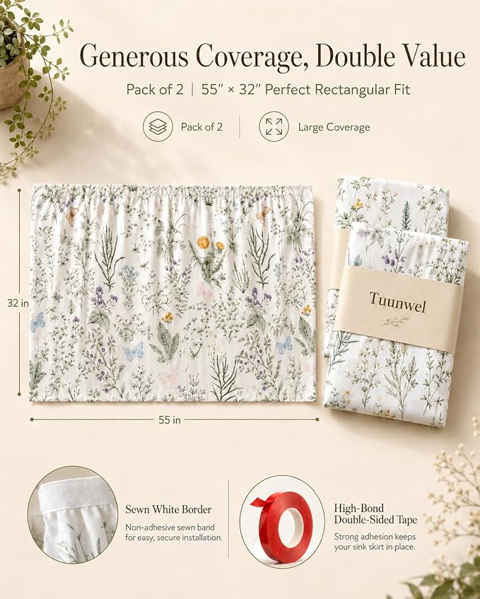 2 Pack Sink Skirt for Bathroom, Self Adhesive Curtains | with High Adhesion Tape, Pastoral 55 x 32 Inch Polyester Under Sink Curtain for Cabinet, Dishwasher, Oven, Window Decor