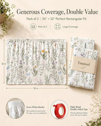 2 Pack Sink Skirt for Bathroom, Self Adhesive Curtains | with High Adhesion Tape, Pastoral 55 x 32 Inch Polyester Under Sink Curtain for Cabinet, Dishwasher, Oven, Window Decor