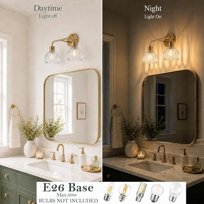 2-Light Gold Brass Bathroom Light Fixture with Clear Tulip Glass Shade,Wall Sconces,Vintage Vanlity Light Over Mirror,Bathroom Wall Light,E26 Socket(Bulbs Not Included)