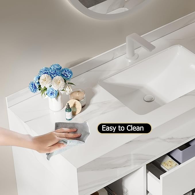 homary 35.4" Floating Bathroom Vanity with Sink, Modern Wall-Mounted Vanity Bathroom Cabinet with Sintered Stone Countertop, Undermount Sink & White, 2 Open Storage Shelves