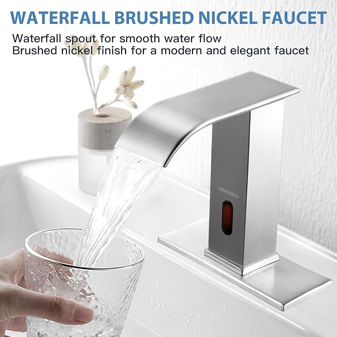 Touchless Bathroom Faucet Automatic Bathroom Sink Faucet with Sensor, Control Box and Temperature Mixer and Hole Cover Plate, Brushed Nickel