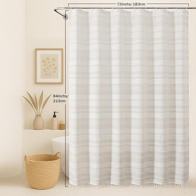 Extra Long Linen Shower Curtain - 84 Inch Long, Modern Farmhouse Heavy Duty Textured Soft Fabric, Rustic Country Boho Cloth Shower Curtain with Tassel for Bathroom Hotel, 72Wx84L Inches