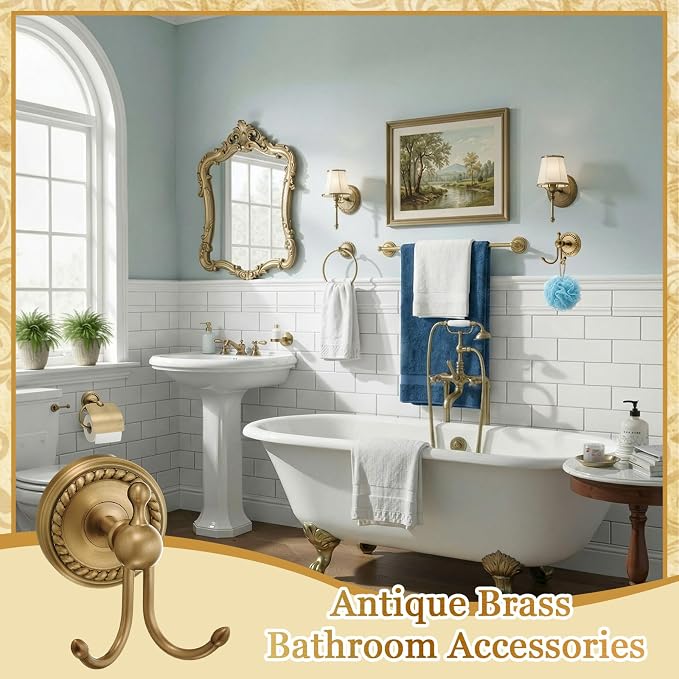 4 Pcs Antique Brass Gold Bathroom Accessories Set Wall-mounted Adjustable Towel Rack & Round Towel Ring & Covered Toilet Paper Holder & Robe Hook Wall Mounted Brass Vintage Bath Hardware Set