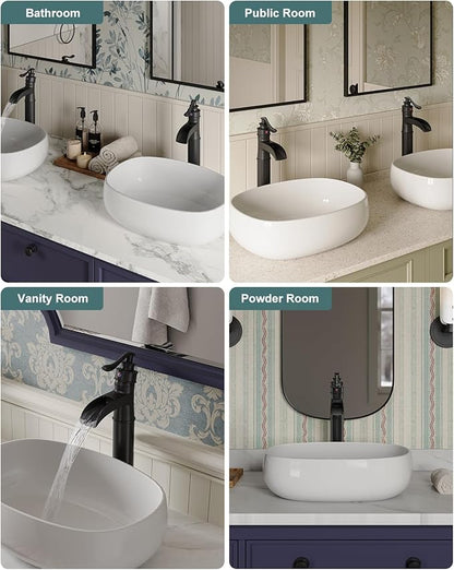 BWE Vessel Sink Faucet Waterfall Matte Black with Pop Up Drain Without Overflow and Supply Lines, Black Sink Faucet Bathroom One Handle Faucets Vanity Bath Mixer Tap