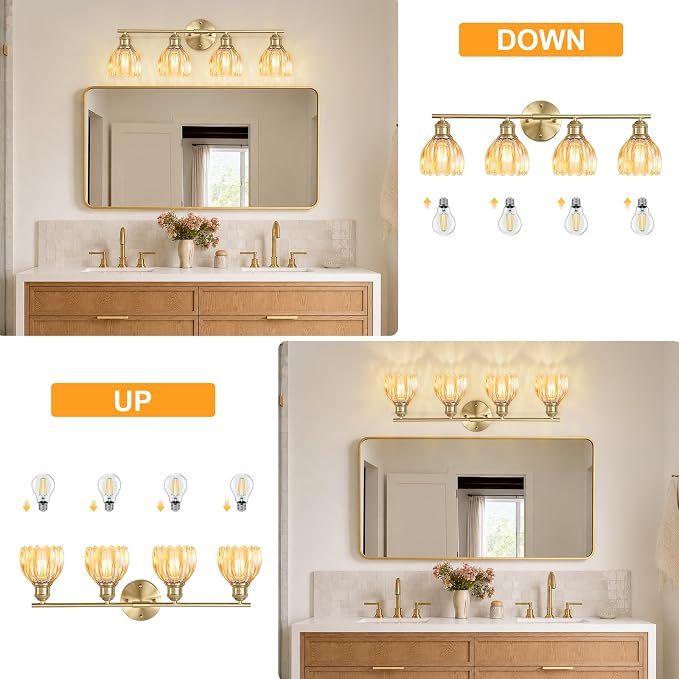 Bathroom Light Fixtures, 4-Light Brushed Gold Vanity Lights for Bathroom with Amber Tulip Glass Shade, 26" Vintage Bathroom Vanity Lighting Fixtures Over Mirror for Bedroom Living Room Hallway