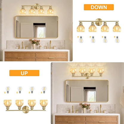 Bathroom Light Fixtures, 4-Light Brushed Gold Vanity Lights for Bathroom with Amber Tulip Glass Shade, 26" Vintage Bathroom Vanity Lighting Fixtures Over Mirror for Bedroom Living Room Hallway