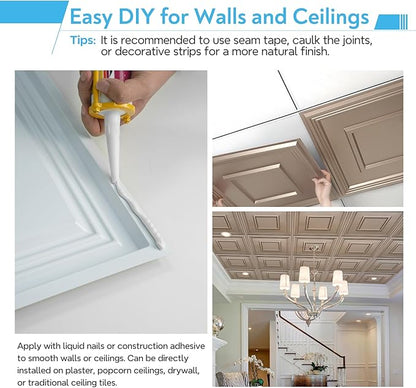 STICKGOO Glue-Up Ceiling Tiles, Golden Coffee, 24 x 24 in, 12 Pack | 2 x 2ft Drop ceiling panels, PVC decorative ceiling tiles, covers 48 sq ft, waterproof, lightweight