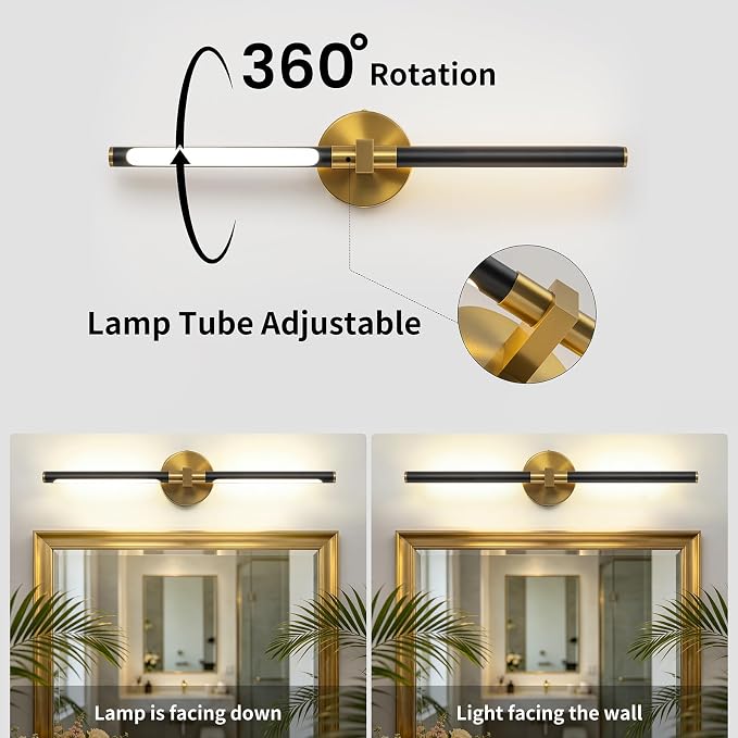 2026 Upgrade Vanity Lights, 24", Black and Gold Bathroom Light Fixture | 18W Brighter, 4000K, 360° Rotatable, CRI 90+, Brushed Gold Bathroom Vanity Light, LED Bathroom Lighting Fixtures over Mirror