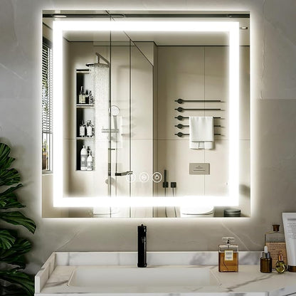 XRAMFY 47"X47" LED Bathroom Mirror, Backlit + Front Lit Wall Mirror | LED Bathroom Mirror with Lights for Wall, 3 Colors, Anti-Fog, Dimmable Brightness, Tempered Glass