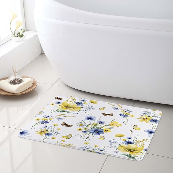 HVEST Farmhouse Floral Shower Curtain and Bathroom Rugs, Blue and Yellow Flower and Butterfly on White Shower Curtain with Bath Mat, 70X70 inches Rustic Wildflower Shower Curtain Set