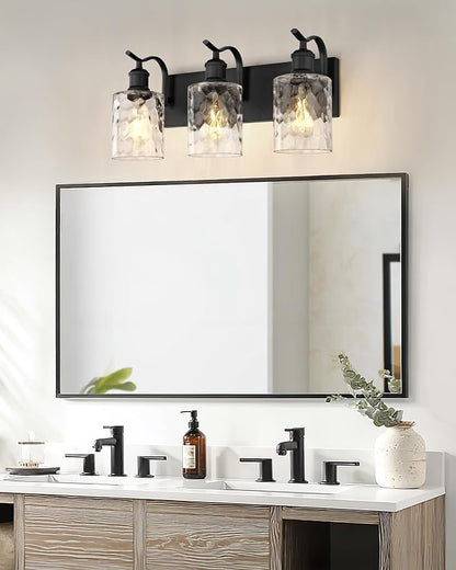 3-Light 20 Inch Bathroom Vanity Light,Hammered Glass,Black | Over Mirror Wall Light,E26 sockets,for bathroom mirror,powder room,dressing area,wall-mounted vanity lighting