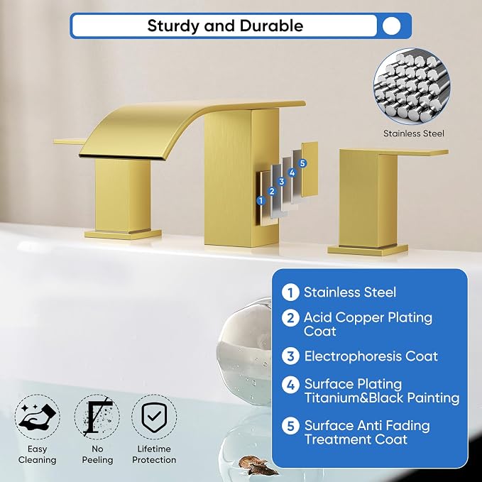RUMOSE Roman Bathtub Faucet Set Waterfall Tub Faucets Brushed Gold | High Flow Widespread 6-16 Inch 3 Holes Deck Mount Tub Filler 2 Handles Bathtub Filler Soaking Bath Faucet