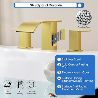RUMOSE Roman Bathtub Faucet Set Waterfall Tub Faucets Brushed Gold | High Flow Widespread 6-16 Inch 3 Holes Deck Mount Tub Filler 2 Handles Bathtub Filler Soaking Bath Faucet