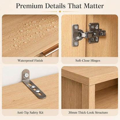 VINGLI Bathroom Storage Cabinet with 3 Drawers & Door, Slim Freestanding Floor Cabinet Organizer for Small Spaces, 30mm Thick-Look Top & Legs, Adjustable Shelf, Modern Fluted Cabinet, Natural Oak