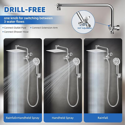 10" Metal Rainfall Shower Head with 10-Mode Handheld, Chrome | NSF/ANSI/CAN 372 Certified, High Pressure Showerhead Combo with 11" Adjustable Shower Arm, 71" Hose, Shower Head Holder