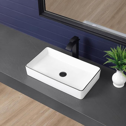 Vessel Sink 24"x14" Rectangular Bathroom Sink Modern White with Black Trim Porcelain Ceramic Above Counter Vanity Sink for Bathrooms Art Basin