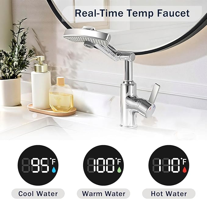 Rotatable Rain Faucet, Single Hole 360° Rotatable Bathroom Faucet, Single Handle Modern Bathroom Sink Faucet with LED Temperature Display(No Batteries) in Fahrenheit, 3 Water Modes-Chrome