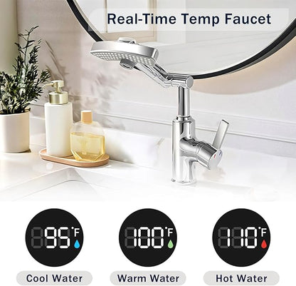 Rotatable Rain Faucet, Single Hole 360° Rotatable Bathroom Faucet, Single Handle Modern Bathroom Sink Faucet with LED Temperature Display(No Batteries) in Fahrenheit, 3 Water Modes-Chrome