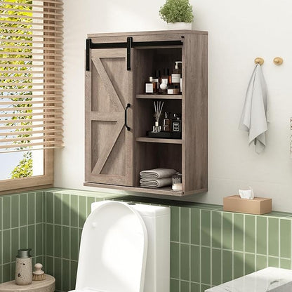 RUSTOWN Farmhouse Wood Wall Storage Bathroom Cabinet with Sliding Barn Door, Rustic Medicine Cabinet with Adjustable Shelf, 3-Tier Vintage Cabinet for Kitchen, Bathroom, Living Room (Washed Oak)