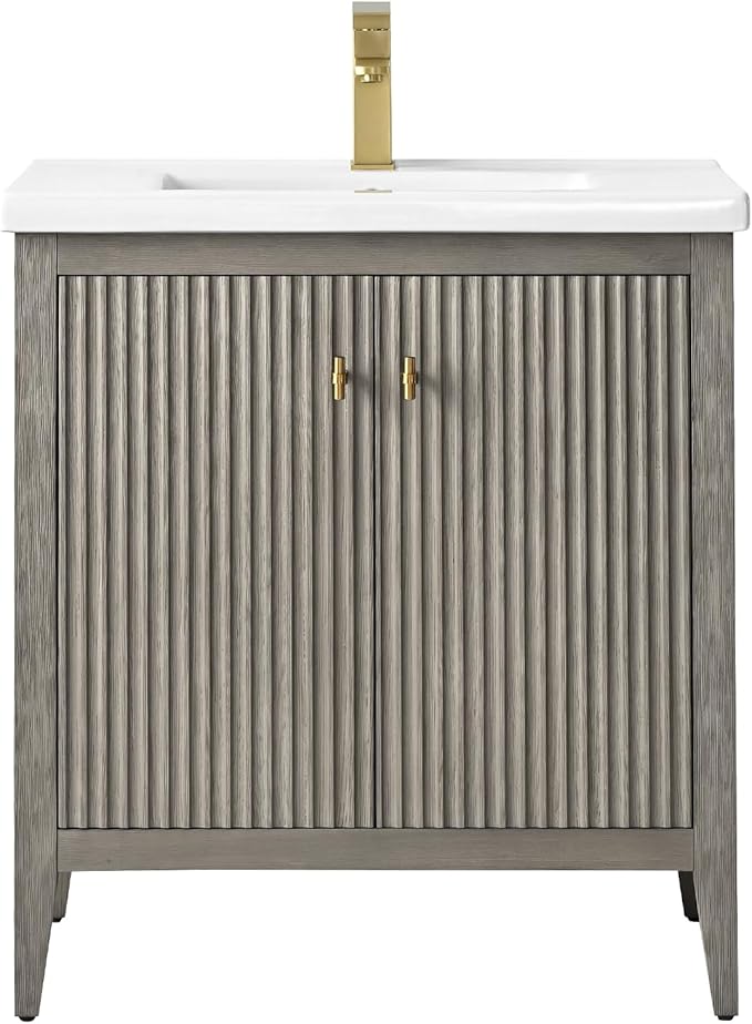HOMEBEYOND 30" Bathroom Vanity with Ceramic Sink, Solid Wood Free-Standing Vanities Cabinet, Ceramic Top, Golden Brushed Handware & Soft Closing Door, Driftwood Gray