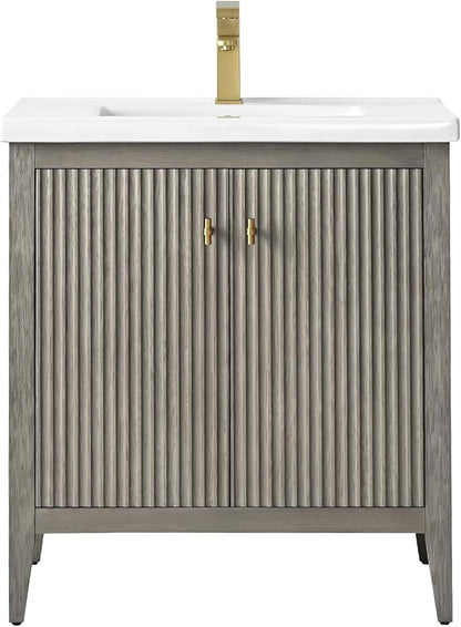 HOMEBEYOND 30" Bathroom Vanity with Ceramic Sink, Solid Wood Free-Standing Vanities Cabinet, Ceramic Top, Golden Brushed Handware & Soft Closing Door, Driftwood Gray