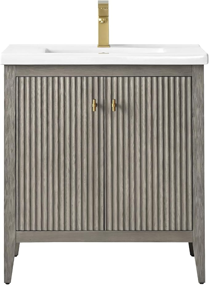 Vanity Art 30 inch Bathroom Vanity with Single Sink & Ceramic Top, Vanity Cabinet with Soft-Closing Door, Solid Wood Frame, Linear Pattern, Driftwood Gray, Golden Brushed Handware VA9130-DG-GB